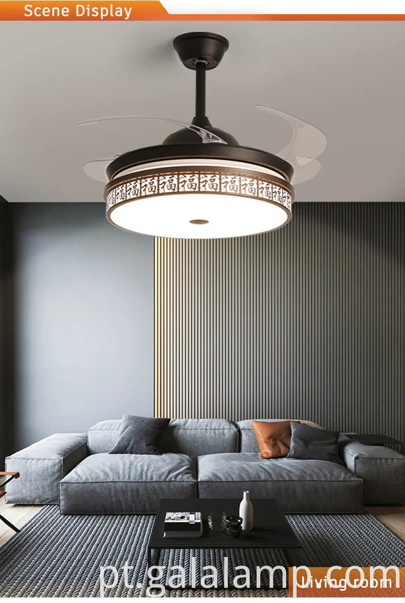 Ventilador de teto de lâmina retrátil com controle remoto e luz LED